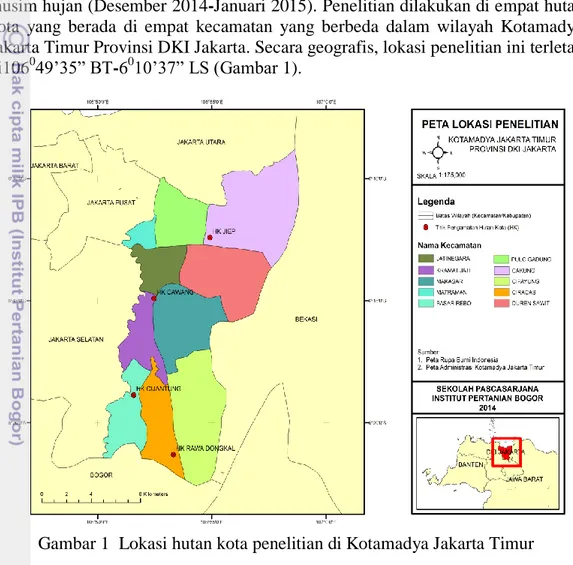 Gambar 1  Lokasi hutan kota penelitian di Kotamadya Jakarta Timur  Penentuan  periode  pengamatan  didasarkan  pada  hasil  analisis  data  suhu  udara,  curah  hujan,  dan  jumlah  hari  hujan  dari  Laporan  Badan  Meteorologi  Klimatologi  dan  Geofisik