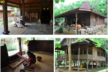 Fig. 5. Performed activities at each house; (a) Batik making Weaving fabrics at Amarasi‟s home (at Jogja‟s pendopo (b) Carving at Jawa Timur‟s home (c) d) Bamboo weaving at Souraja 