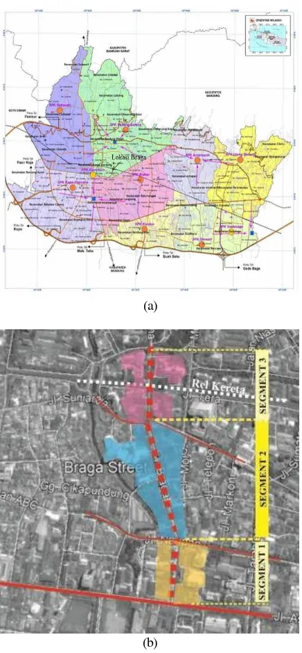 Fig. 1. (a) Braga Location; (b) Braga Corridor Segmentation (Source: (a) RTRW kota Bandung; (b) Googlemap 2017,edited by author)