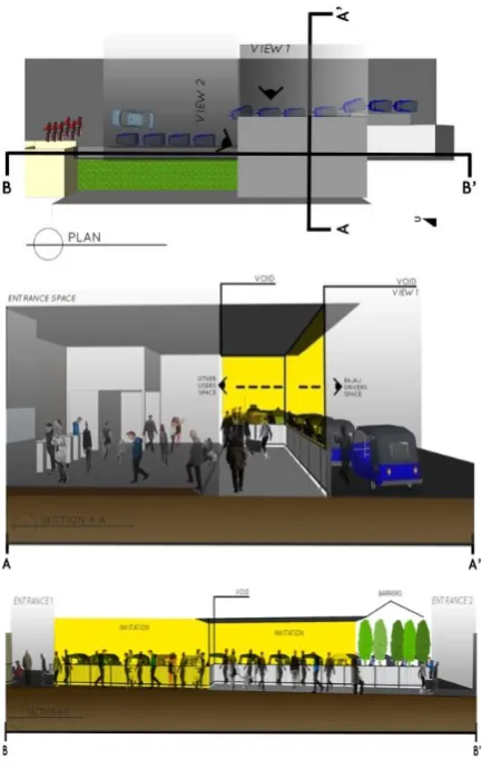 Fig. 4. Plan and sections of Manggarai Station that show solid-void elements. 