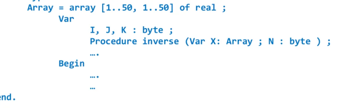 Tabel : array [1..3, 1..2] of byte ;   I, J : byte ;   Begin   Tabel[1,1] : = 5 ;   Tabel[1,2] : = 25 ;   Tabel[2,1] : = 200 ;   Tabel[2,2] : = 22 ;  