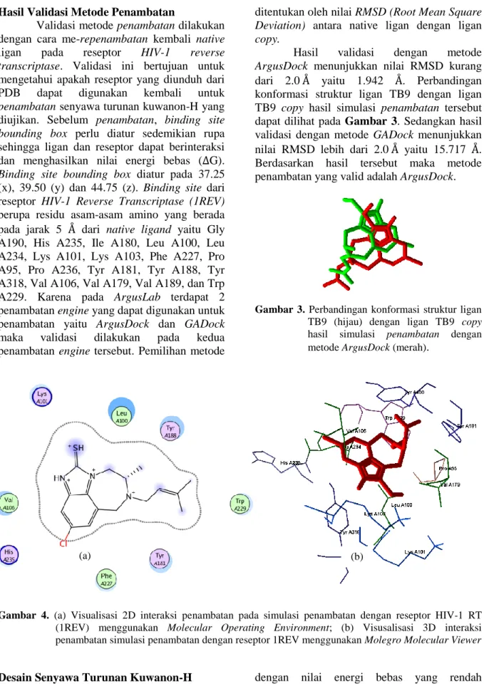 Gambar  3.  Perbandingan  konformasi  struktur  ligan  TB9  (hijau)  dengan  ligan  TB9  copy  hasil  simulasi  penambatan  dengan  metode ArgusDock (merah) 