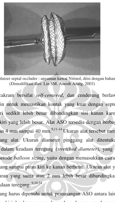 Gambar 2.3. Amplatzer septal occluder : anyaman kawat Nitinol, diisi dengan bahan poliester 25 (Dimodifikasi dari: Lin SM