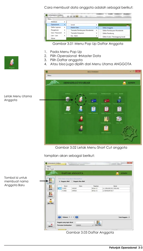 Gambar 3.01 Menu Pop Up Daftar Anggota  1.  Pada Menu Pop Up 