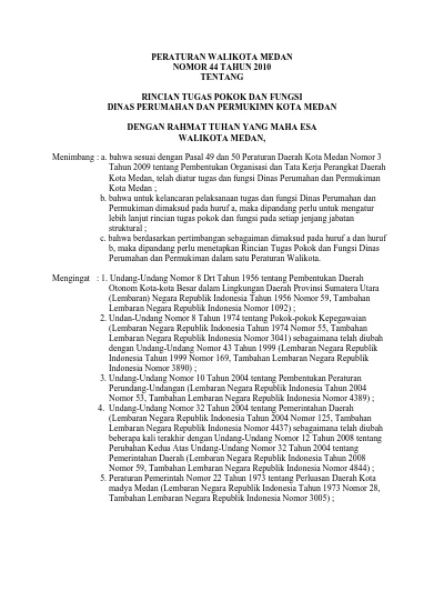 PERATURAN WALIKOTA MEDAN NOMOR 44 TAHUN 2010 TENTANG RINCIAN TUGAS ...