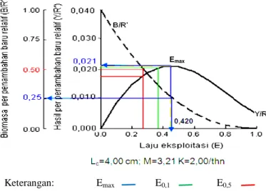 Gambar 5:  Hubungan antara laju eksploitasi dengan hasil per penambahan baru relatif (Y/R’) dan biomasa per penambahan baru relatif (B/R’) pada kondisi saat ini.