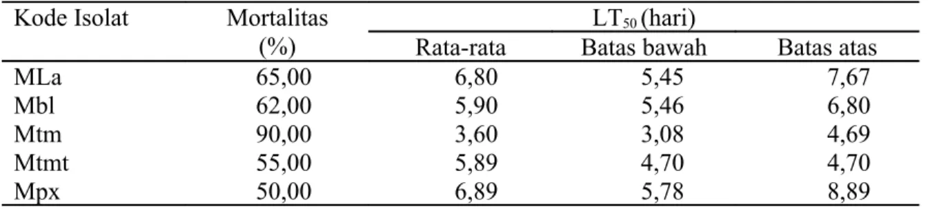 Tabel 2. Hasil  seleksi isolat jamur entomopatogenik (Metarhizium) dengan menggunakan  serangga uji wereng coklat  