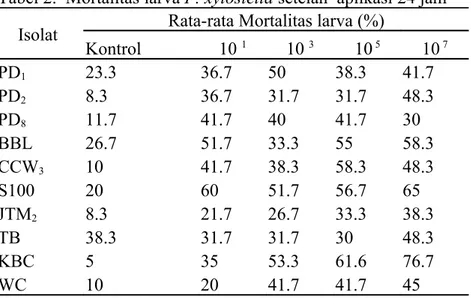 Tabel 2.  Mortalitas larva P. xylostella setelah  aplikasi 24 jam Isolat  Rata-rata Mortalitas larva (%)