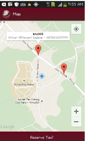 Gambar 8. Tampilan Peta dengan Marker Taksi Terdekat 