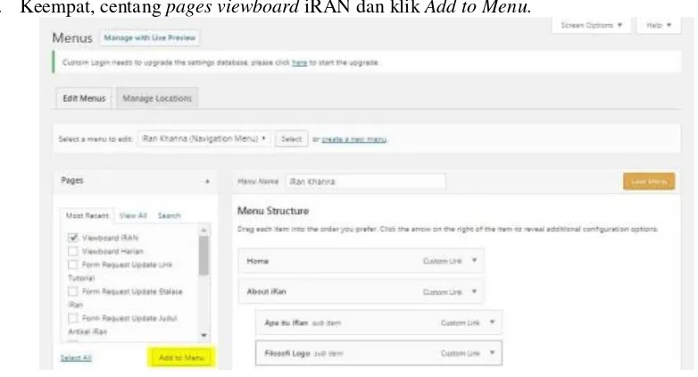 Gambar diatas merupakan langkah pertama untuk menambahkan page viewboard atau dashboard iRAN ke dalam Menu official site iRAN