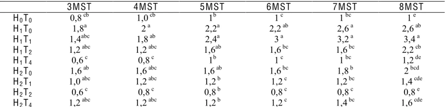 Tabel 5.  Pengaruh Kombinasi Pupuk Daun Hyponex dan Terra-Novalgro Dibandingkan dengan Media MS Terhadap  Jumlah Akar  3MST  4MST  5MST  6MST  7MST  8MST  H 0 T 0 0,8  cb 1,0  cb 1 b 1  c 1  bc 1  e H 1 T 0 1,8 a 2  a 2,2 a 2,2  ab 2,6  a 2,6  ab H 1 T 1 1
