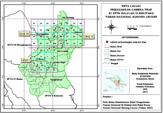Gambar 6. Peta lokasi pemasangan camera trap di SPTN Wilayah VI Besitang Taman Nasional Gunung Leuser 