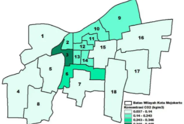 Gambar  2  Peta  Konsentrasi  CO 2   Respirasi  Penduduk  tiap  Kelurahan  (kg  m -3 )  1