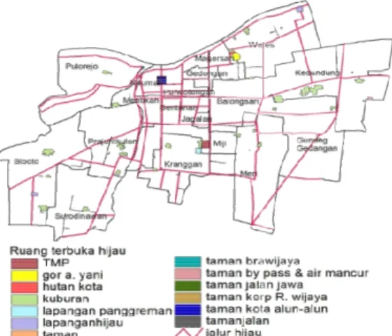 Gambar 3 Peta Sebaran Ruang Terbuka Hijau K Mojokerto (Sumber : BAPPEKO, 2014)