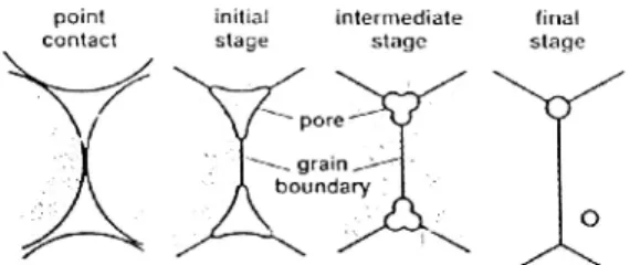 Gambar  1  memperlihatkan  skema  penyusutan  pori-pori  antar  partikel  serbuk  selama  proses 
