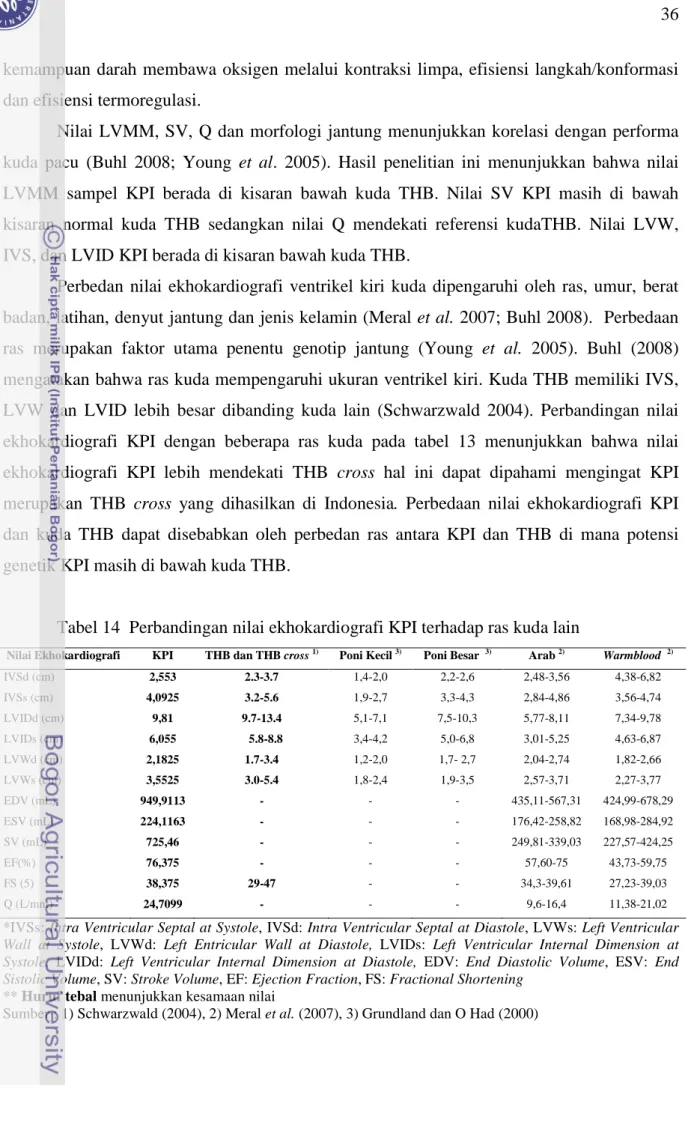 Tabel 14  Perbandingan nilai ekhokardiografi KPI terhadap ras kuda lain 