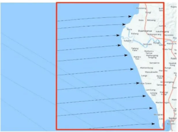 Gambar  6  menunjukkan  tranformasi  ombak  dengan  arah  angin  dari  barat  daya,  dimana  arah  ombak  menjalar  dari  barat  daya  menuju  pantai