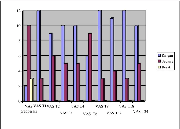Gambar 4.3 Grafik Kategori nyeri berdasarkan VAS sebelum operasi serta 1-24 jam  pasca operasi  024681012 VAS praoperasi