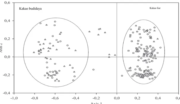 Gambar 1.   Principal component analysis  (PCA) dengan menggunakan marka mikrosatelit yang berhasil   mengelompokkan kakao budidaya (segitiga), kakao liar (kotak) dan genotipe kakao yang belum  diketahui (bulat) (Sumber: De Schawe  et al ., 2013) 