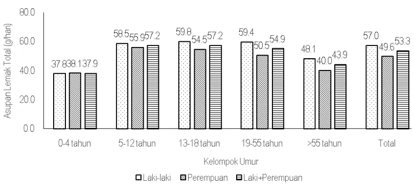 Gambar 5 Rata-rata Asupan Lemak Total (g/hari) menurut Jenis Kelamin dan Kelompok Umur, 2014 