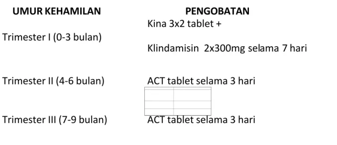 Tabel 2. 11. PENGOBATAN MALARIA PADA IBU HAMIL Pengobatan lini kedua untuk malaria falsiparum