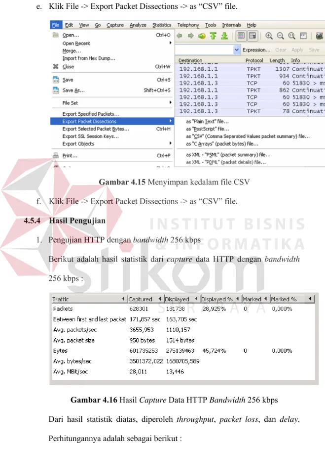 Gambar 4.15 Menyimpan kedalam file CSV  f.  Klik File -&gt; Export Packet Dissections -&gt; as “CSV” file