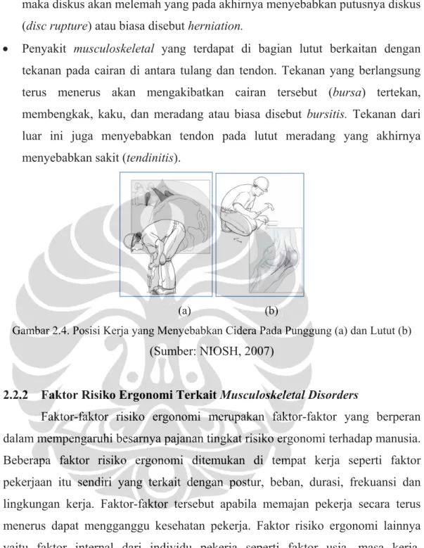 Gambar 2.4. Posisi Kerja yang Menyebabkan Cidera Pada Punggung (a) dan Lutut (b) (Sumber: NIOSH, 2007) 