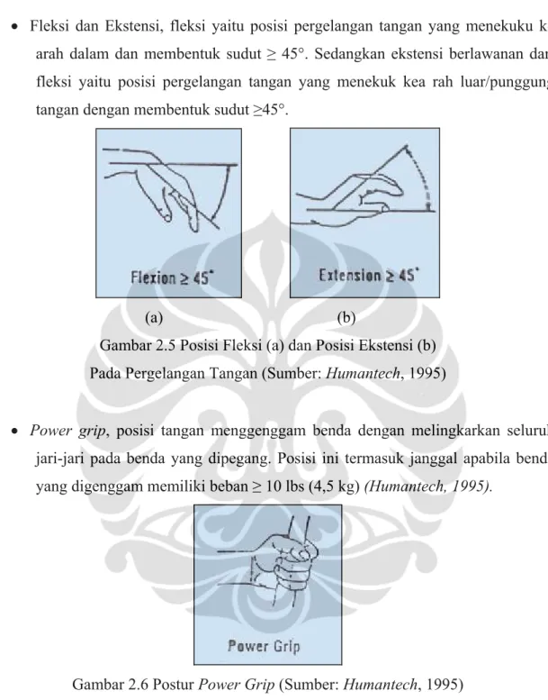 Gambar 2.5 Posisi Fleksi (a) dan Posisi Ekstensi (b)   Pada Pergelangan Tangan (Sumber: Humantech, 1995) 