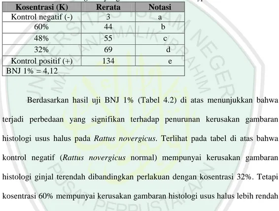 Tabel  4.2  Ringkasan  hasil  uji  BNJ  1%  pengaruh  kosentrasi  pemberian  tepung  Lumbricus  rubellus  terhadap  tingkat  kerusakan  vili  usus  halus  pada  Rattus novergicus yang terinfeksi Salmonella typhi  