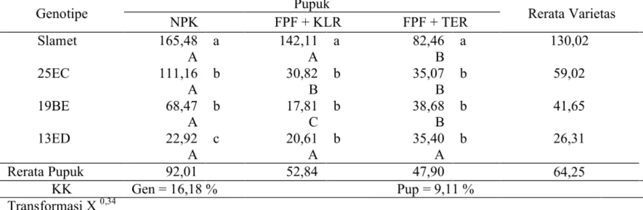 Tabel 10. Pengaruh Genotipe dan Pupuk terhadap Efisiensi Relatif Serapan Hara P (%)