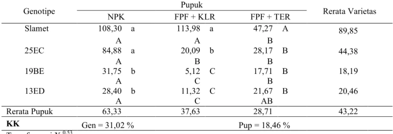 Tabel 8. Pengaruh Genotipe dan Pupuk terhadap Efisiensi Relatif Pupuk (%)