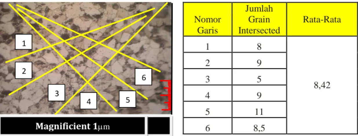 Gambar 10. Bentuk struktur mikro pipa korosi dan data grain size material pipa korosi 