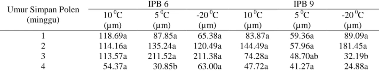 Tabel 3. Panjang tabung polen pepaya IPB 6 dan IPB 9 selama 4 minggu penyimpanan  Umur Simpan Polen 