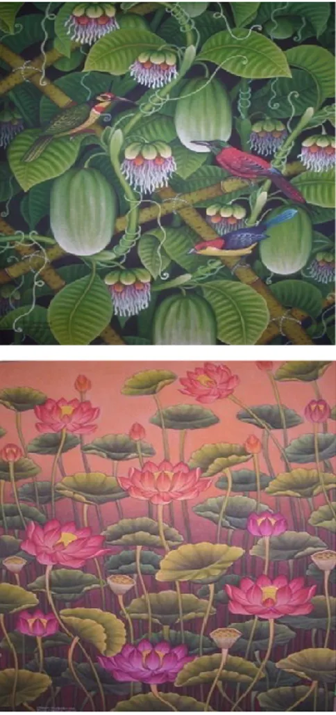 Gambar  1:  Lukisan  Pengosekan  karya  I  Dewa  Ketut  Narayana,  Lisah  dan  Nuri,  akrilik  di  kanvas,  80x60 cm, 2002 (atas), lukisan  Pengosekan  karya  I  Dewa  Made  Bawa,  Lotus,  tinta  dan  akrilik  di  kanvas,  90x60  cm,  1997 (bawah) 