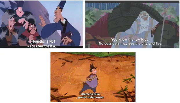 Gambar di atas menunjukkan tokoh Jafar dalam film Aladdin (gambar kiri)  yang bertindak patuh dan taat pada Sultan Agrabah,  yang memiliki jabatan lebih  tinggi  di  atasnya