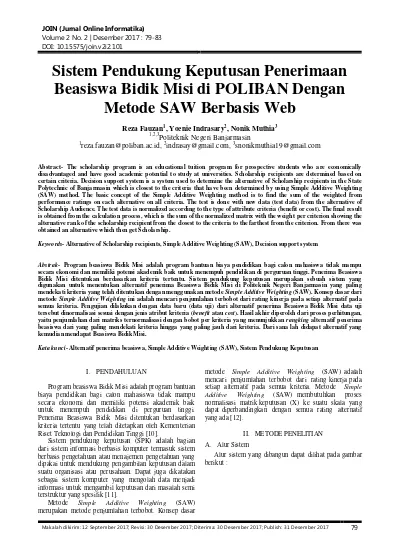 Sistem Pendukung Keputusan Penerimaan Beasiswa Bidik Misi Di Poliban Dengan Metode Saw Berbasis Web 2943