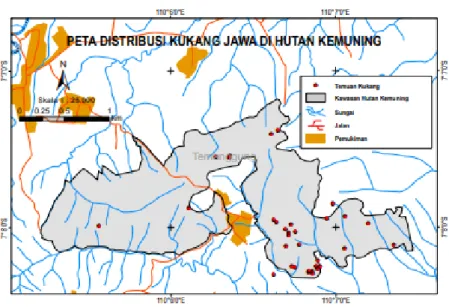 Gambar 1. Peta distribusi perjumpaan kukang Jawa di hutan Kemuning Data perjumpaan Kukang Jawa 