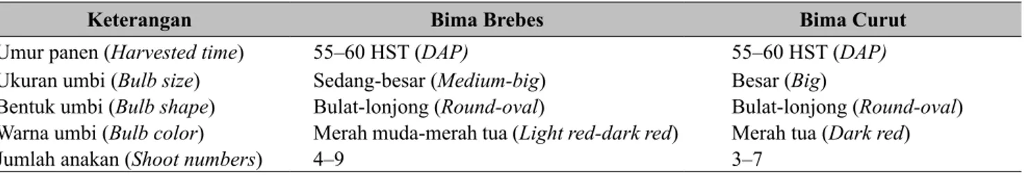 Tabel 1.   Deskripsi varietas Bima Brebes dan Bima Curut menurut pengamatan petani (Description of  Bima  Brebes and Bima Curut Variety based on farmers’ observation)