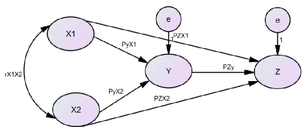 Gambar Hubungan Struktural X 1 , X 2  Terhadap Y dan Z 