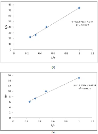 Gambar 2 Grafik Nilai  K m  dan  V max  Enzim Laktase Terimobil (a) dan Enzim Laktase Bebas (b)  Berdasarkan  hasil  percobaan  yang  diperoleh, 
