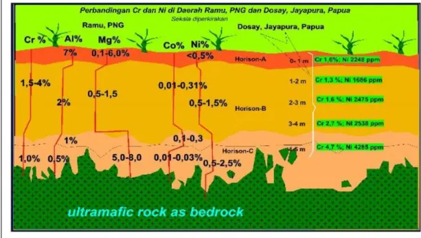 Gambar 14. Perbandingan kadar kromit-nikel di Ramu, PNG dan Dosay Papua  (Sumber : High Land Pacific Inc, 2014) 