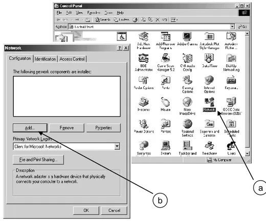 Gambar 19. a.  Windows control panel; b. Window configurasi kartu  jaringan  Add  Network Adapter  