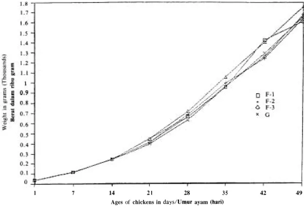 Figure  6 .   The growth average of  the body weight  in grams of chickens (Clinacox Experiment)