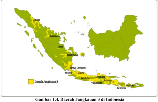 Gambar 1.4. Daerah Jangkauan 3 di Indonesia  (www.three.co.id, 2008) 