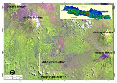 Gambar 1. Daerah penelitian yang terletak di dataran yang dikelilingi oleh lereng gunungapi      dan Pegunungan Menoreh (Sumber: Citra Landsat, 2000)    