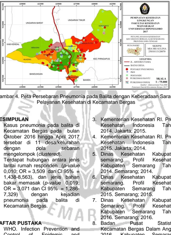 Gambar 3. Peta Persebaran Pneumonia pada Balita dengan Cakupan rumah  Sehat  di Kecamatan Bergas 