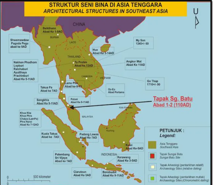 Gambar 1: Peta yang menunjukkan Sungai Batu antara tamadun terawal di Asia Tenggara. 