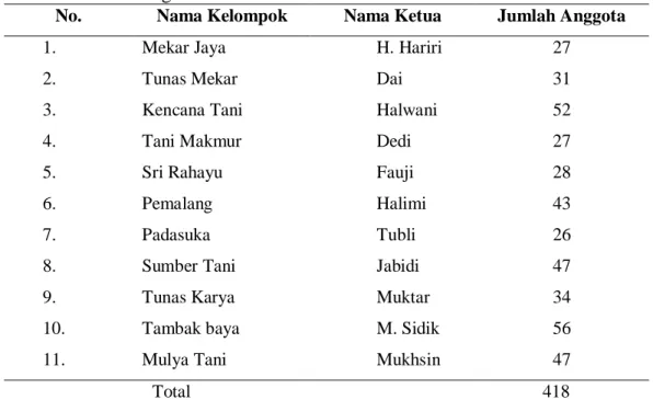 Tabel 16.  Nama kelompok tani, kontak tani dan jumlah anggota di Desa  Sukanegara 