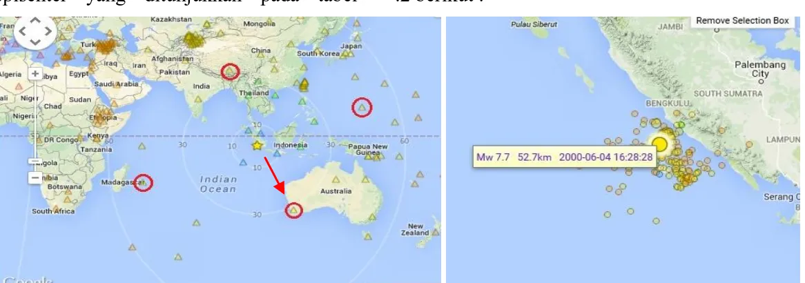 Gambar 2. Pemetaan stasiun dan sebaran  episenter gempa bumi sumatra , 04, Juni 2000  Tabel 2