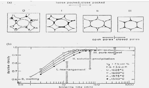 Gambar 2.12 (a). Skema diagram dari tahap-tahap LPS (0) melting, (I) rearrangement,    (II) solution precipitation, (III) pore removal 